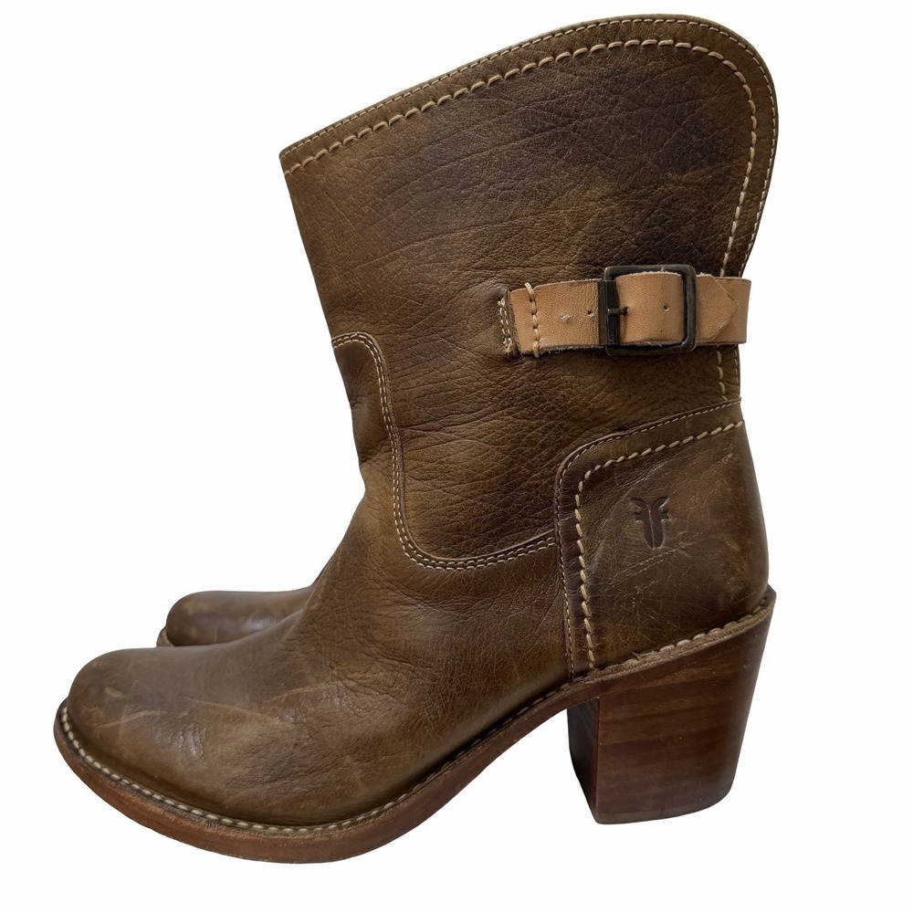 Frye Carmen Buckle Heeled Ankle Leather Boots Womens US 7.5 Western Cowboy Indie